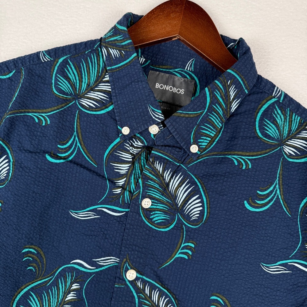 Bonobos Seersucker‎ Button Down Shirt Mens L Navy Blue Tropical Leaf Slim Fit